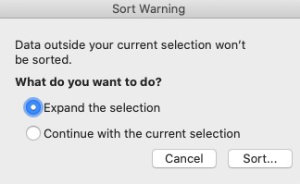 Sort warning in Microsoft Excel