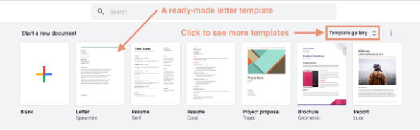 Opening screen of Google Docs showing templates, including letter template