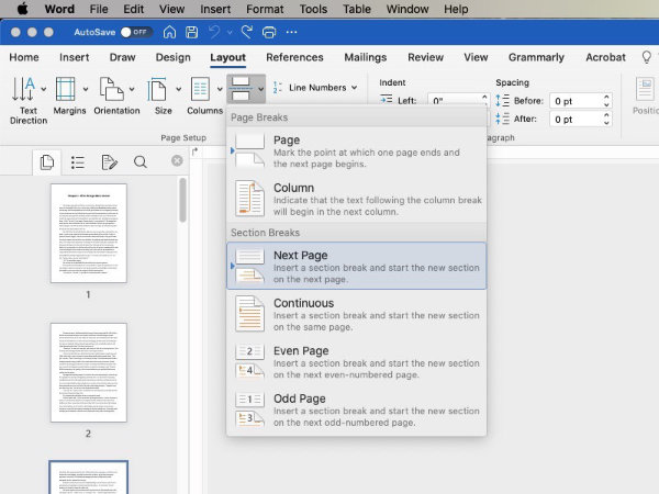 Insert section break with new page in MS Word for Mac