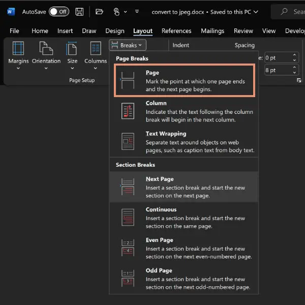Insert page break in MS Word for Windows
