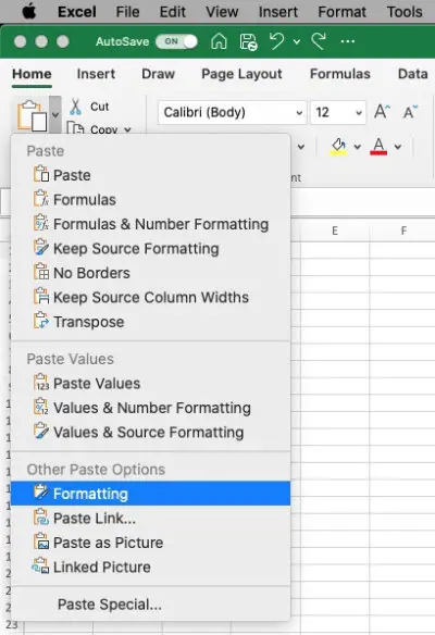 Excel for Macs Paste Special menu from the toolbar.