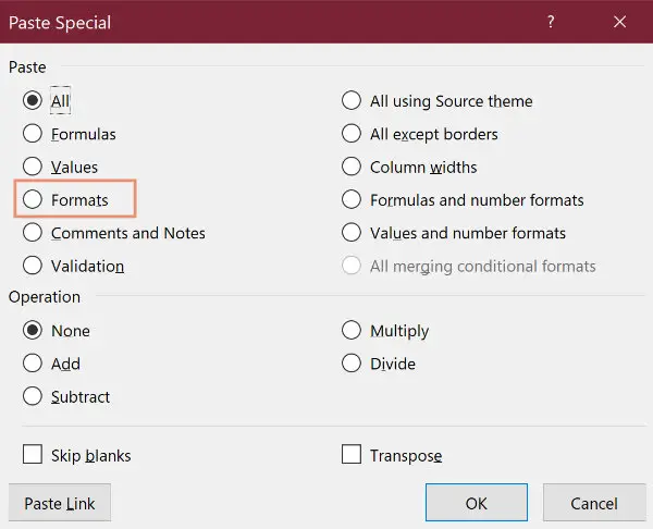 Paste Special options panel Excel for Windows