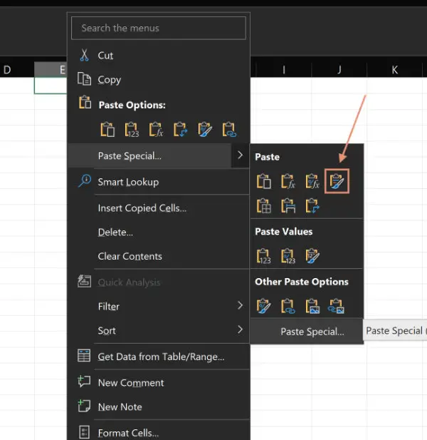 Paste special right-click menu Excel for Windows