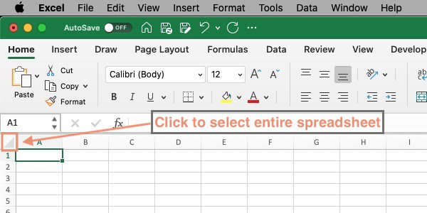 MS Excel. Button to select entire contents of spreadsheet.
