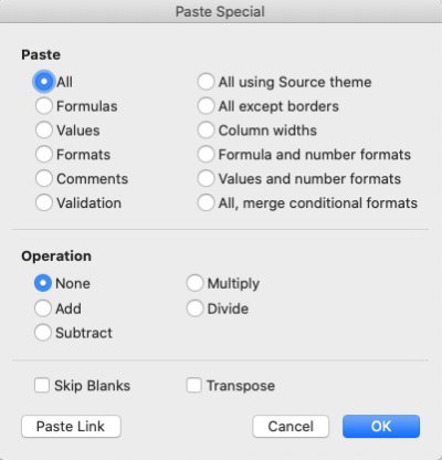 Excel for Macs Paste Special panel