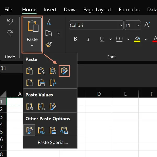 Excel for Windows Paste from toolbar