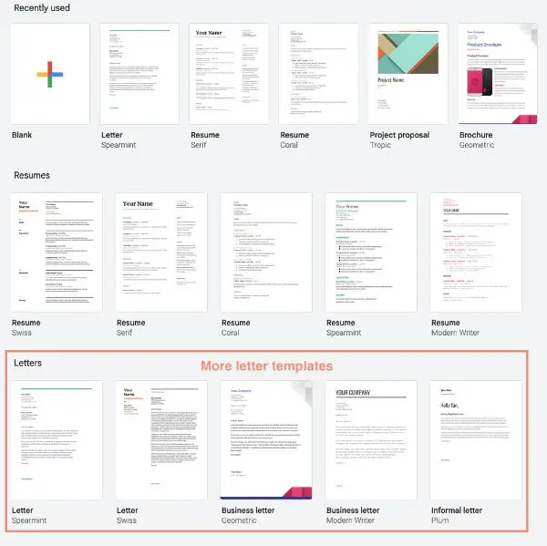 The Google Docs template gallery showing additional letter templates.