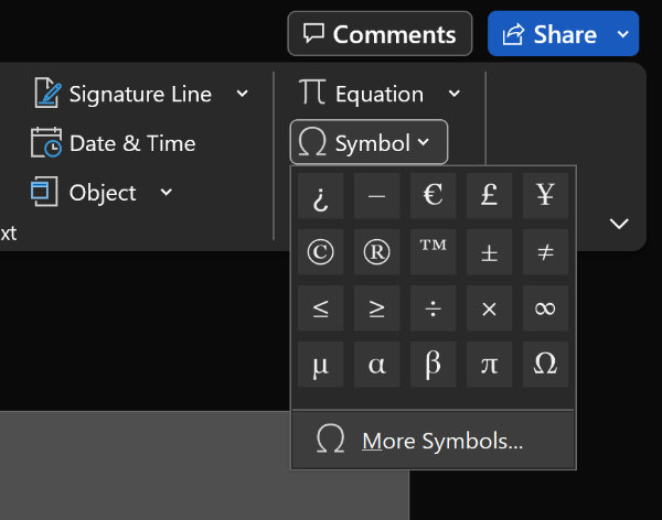 Symbols/More symbols button in Microsoft Word Insert tab.