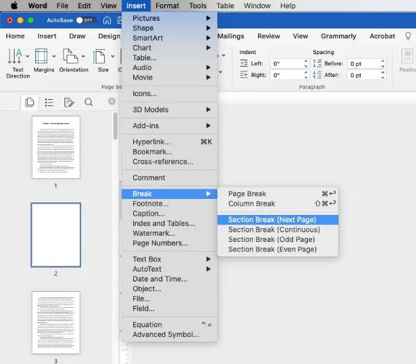 MS Word for Mac - insert section break with new page.