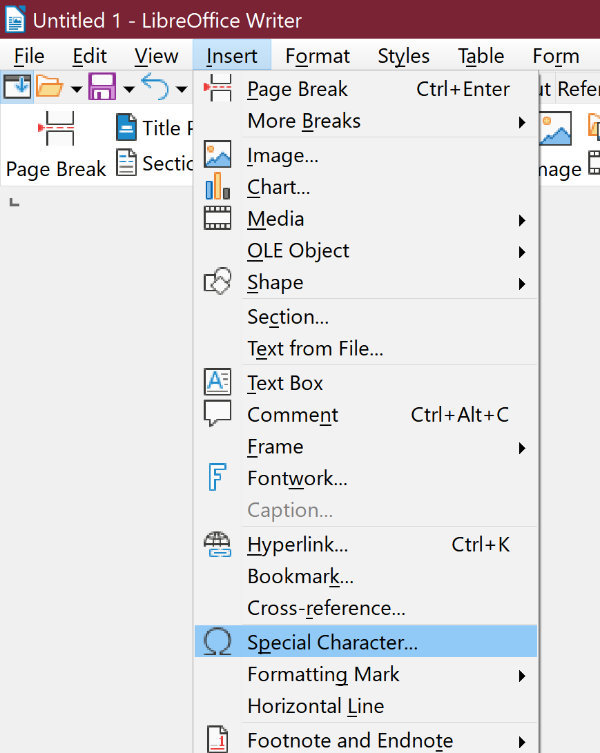 insert symbol from LibreOffice Writer Insert menu.