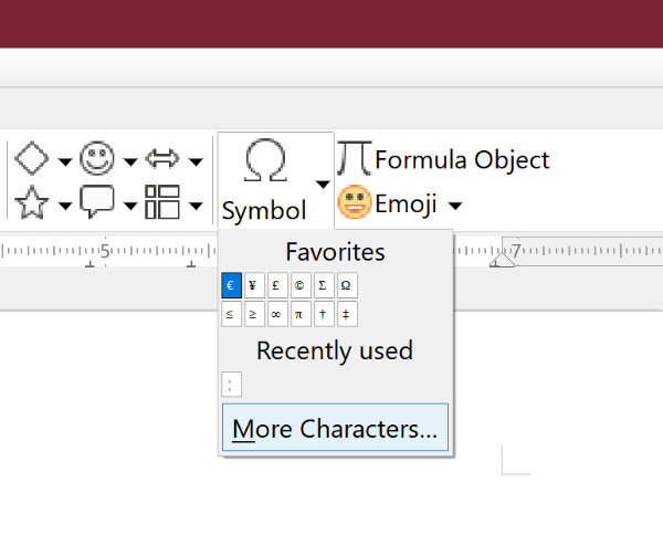 symbols/special character button in LibreOffice Writer tabbed ribbon.