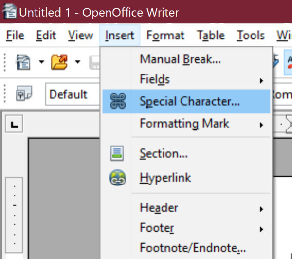 OpenOffice Writer Insert menu - Special Character