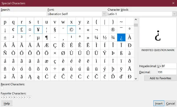 inverted question mark in LibreOffice symbols panel