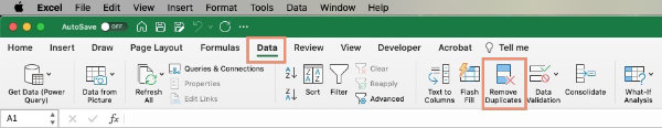 Remove duplicates button in Data tab of Microsoft Excel