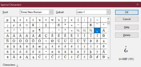 OpenOffice Writer symbol panel showing inverted question mark.