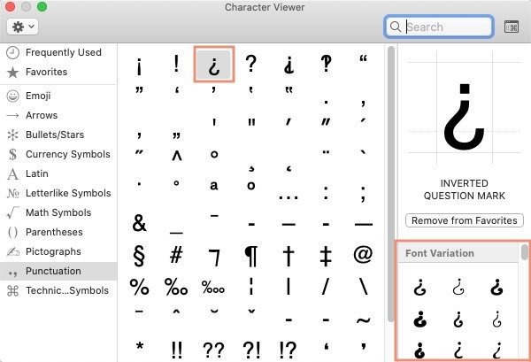 MacOS symbols panel