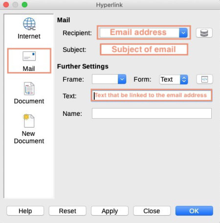 Create a mailto: link in LibreOffice Writer