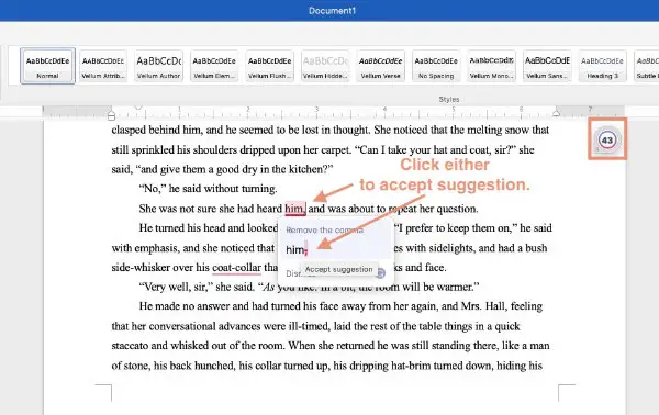 Grammarly for Mac used in Microsoft Word. Click to accept suggestion.