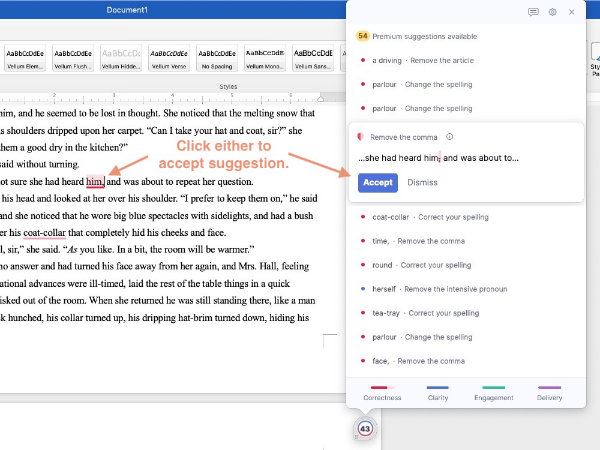 Grammarly for mac being used in Microsoft Word.