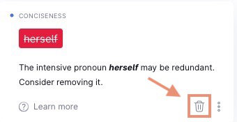 Grammarly for Word showing trash icon to dismiss suggestion.