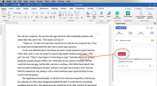 Grammarly add-in sidebar for Word on Mac