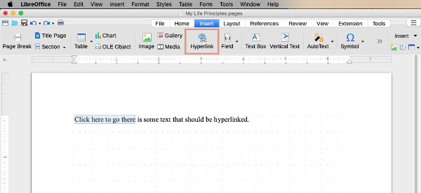 Tabbed interface showing button to add hyperlink in LibreOffice Writer.