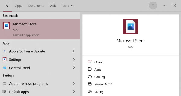 Microsoft store button in Windows 10