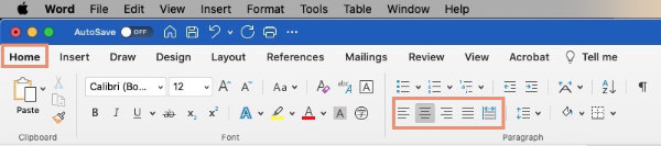 center text in word with ribbon button