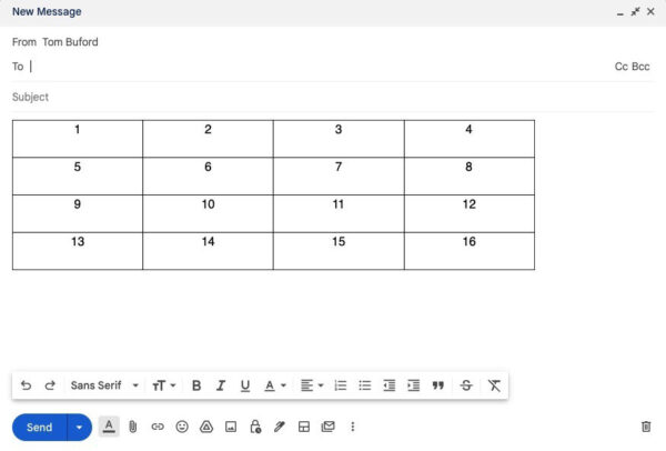 A table created in Microsoft Word and pasted into Gmail.