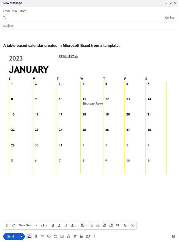 A calendar created in Microsoft Excel and pasted into Gmail.