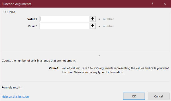 The Function Arguments panel in Excel for Windows. Setting up COUNTA for counting cells with text.
