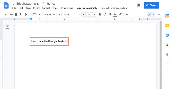 Selection of text in google docs