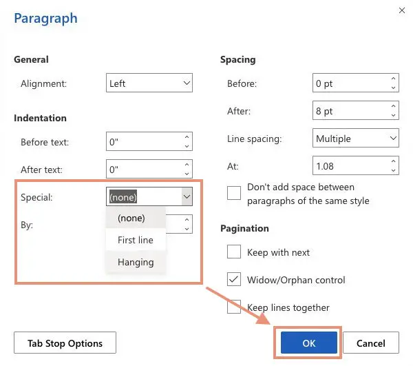 create hanging indents in microsoft word online. paragraph options panel.
