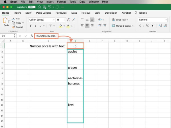 Using the COUNTA function in Excel to count cells with text.
