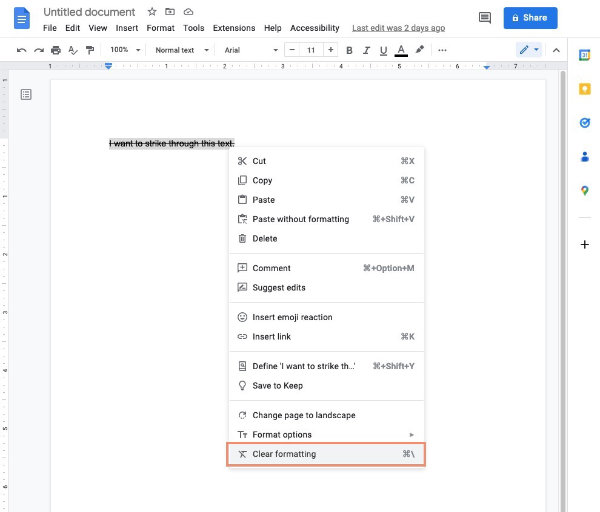 Clear formatting in Google Docs