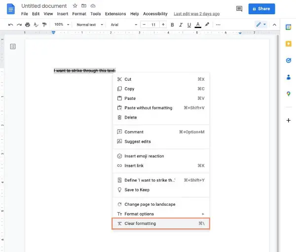 Clear formatting in Google Docs