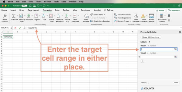 manually enter the COUNTA function for counting cells with text in Excel for Mac.