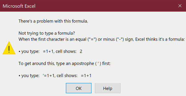 Functions warning box in Excel for Windows.