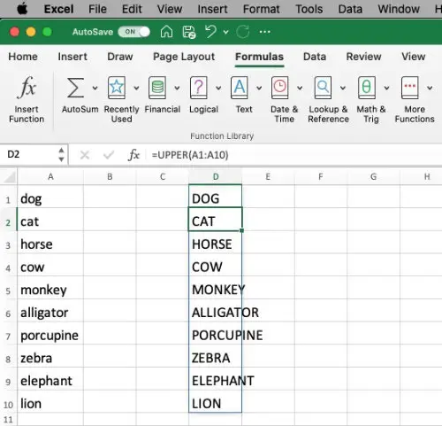 range of to capitalize in Excel from lowercase to uppercase.
