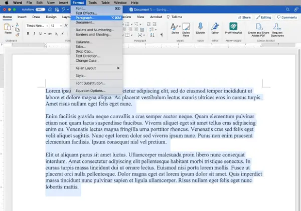 format > paragraph menu Microsoft Word for Mac
