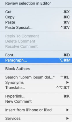 right-click menu for paragraph word for mac