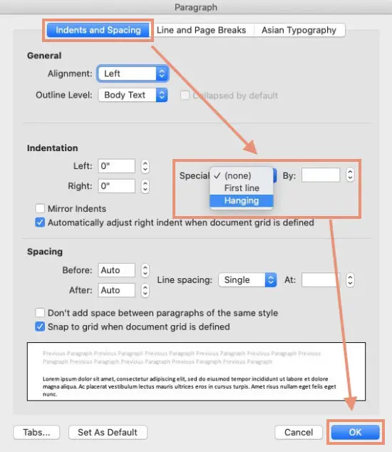 set hanging indents in microsoft word for mac