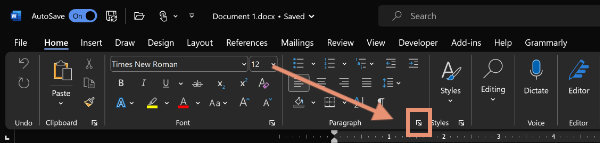 Click the small arrow in the lower right corner to open the Paragraph settings panel in Microsoft Word for Windows.
