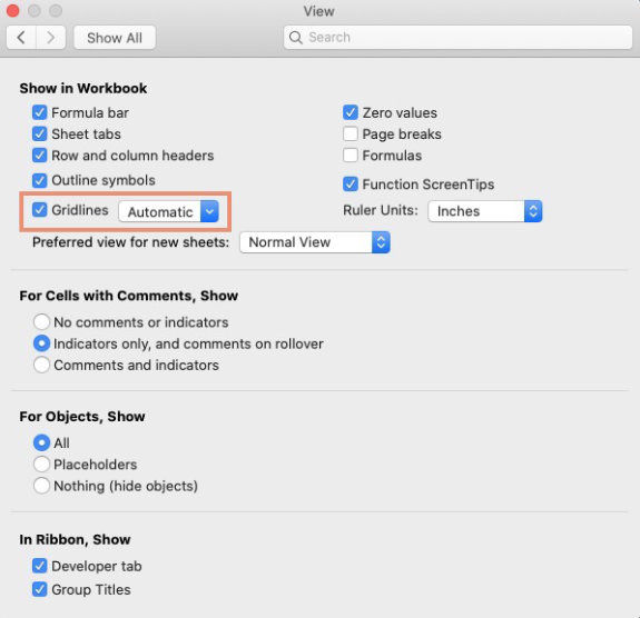 make gridlines more visible in excel for mac.