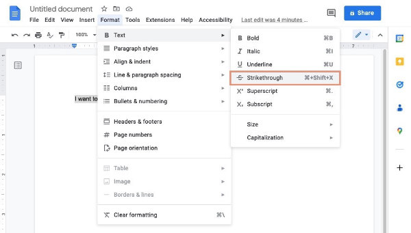 Apply strikethrough from Format menu in google docs