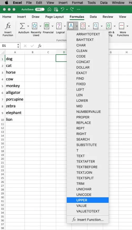 Text functions list in Microsoft Excel for Mac.
