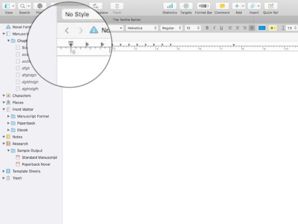 Scrivener ruler showing enlarged margin setting.