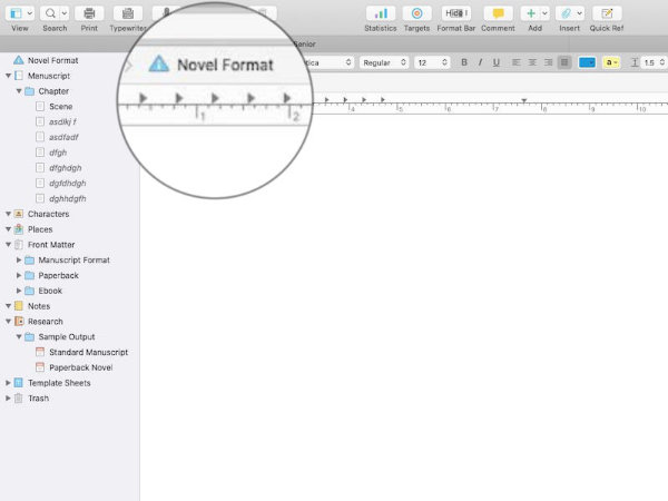 Scrivener ruler showing tab stops.