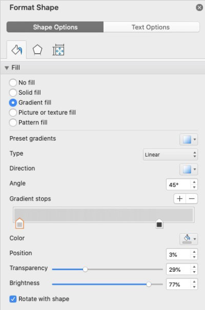 settings in ms word for shape gradients