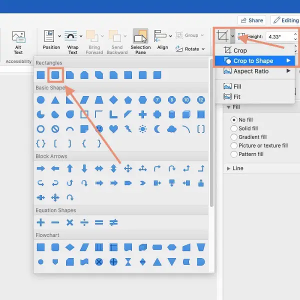 Microsoft Word image crop to shape panel